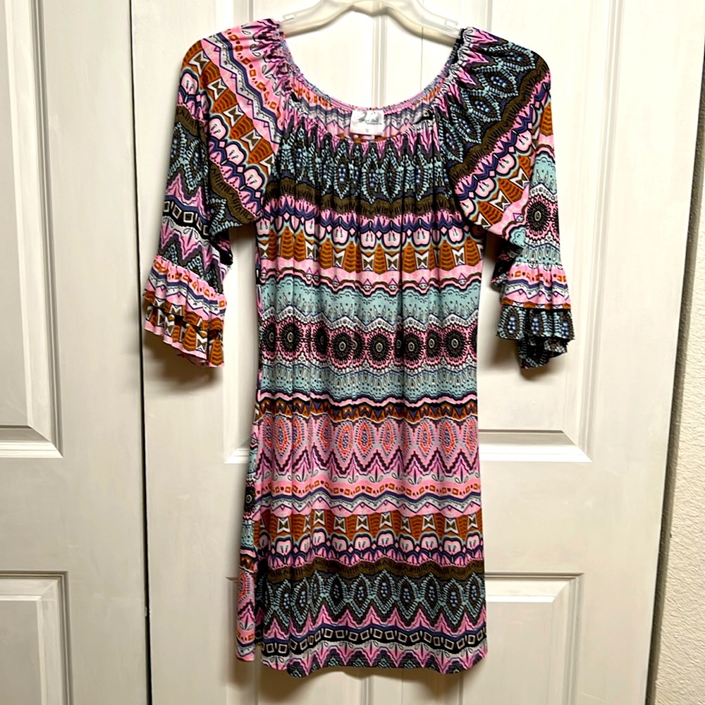 Joe’s Girls Multi Color Abstract Print Mid Double Ruffle Sleeve Dress Size 18 - Picture 1 of 7
